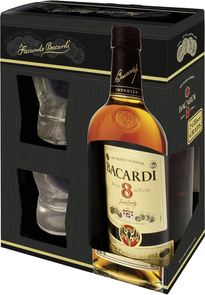 Bacardi Rum 8 Anos 0,7 Liter In Geschenkverpackung Mit 2 Gläsern 3 Bacardi Rum 8 Anos 0,7 Liter In Geschenkverpackung Mit 2 Gläsern
